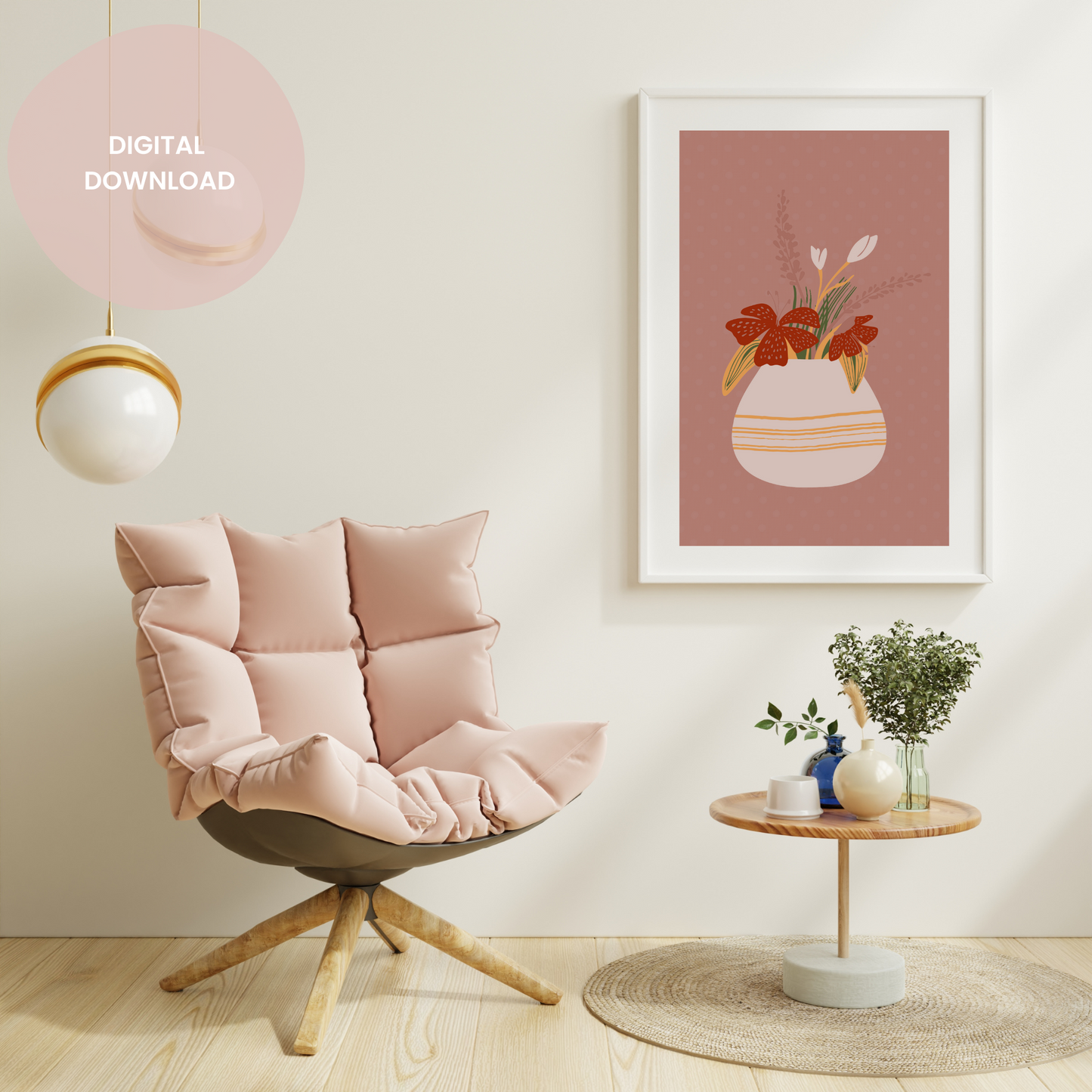 Graphic Vase with Pink Flowers Wall Collage Poster - Artful Floral Elegance