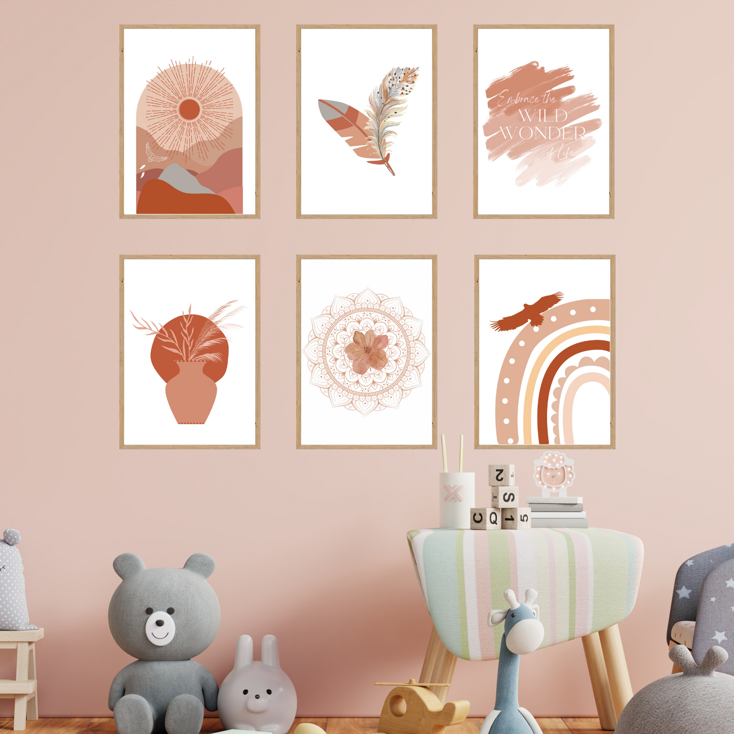 Soar Shades of Pink Modern Art Abstract Collage Collection Set of 7