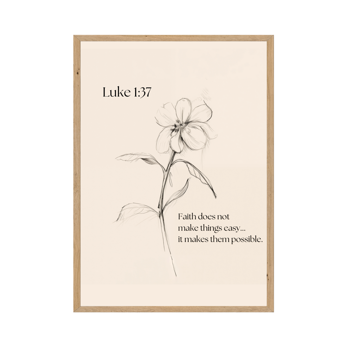 Delicate floral sketch paired with an empowering Bible verse from Luke 1:37.