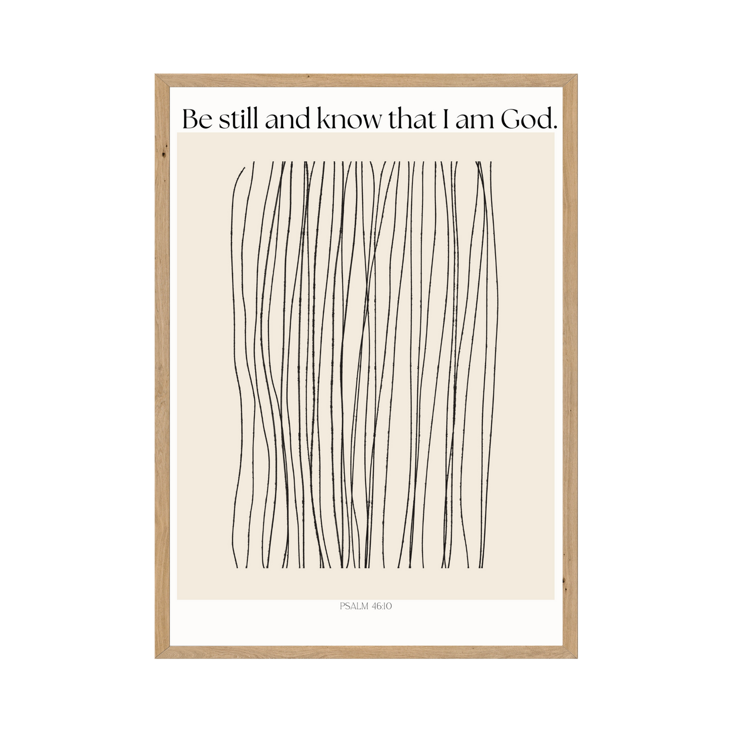 Minimalist abstract line drawing with the text of Psalm 46:10, offering a calm and meditative feel.