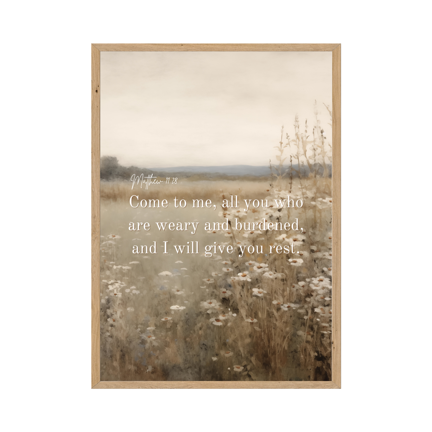 Serene landscape artwork with Matthew 11:28, offering a calming reminder of rest and faith in God's promises.