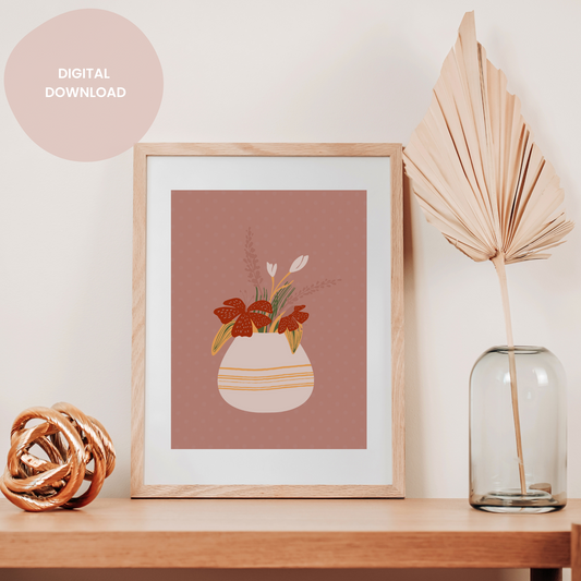 Graphic Vase with Pink Flowers Wall Collage Poster - Artful Floral Elegance