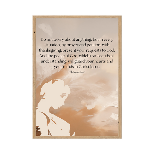 Abstract artwork with the Bible verse Philippians 4:6-7, featuring a peaceful, muted background and the silhouette of a praying woman.