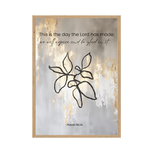 Minimalist artwork with abstract leaves and Psalm 118:24, offering a modern yet faith-centered design.
