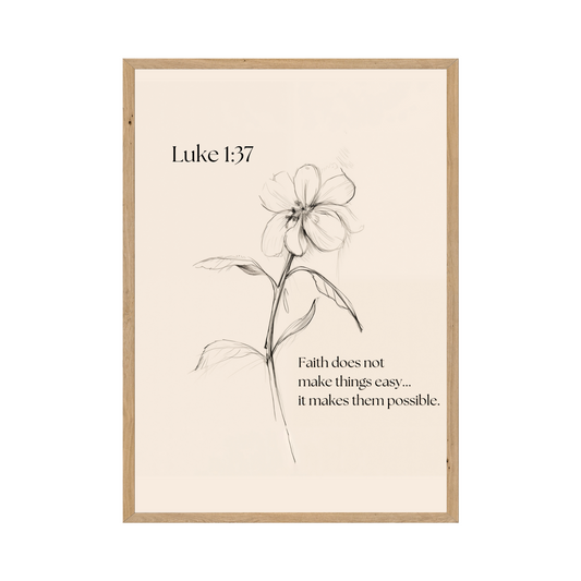Delicate floral sketch paired with an empowering Bible verse from Luke 1:37.