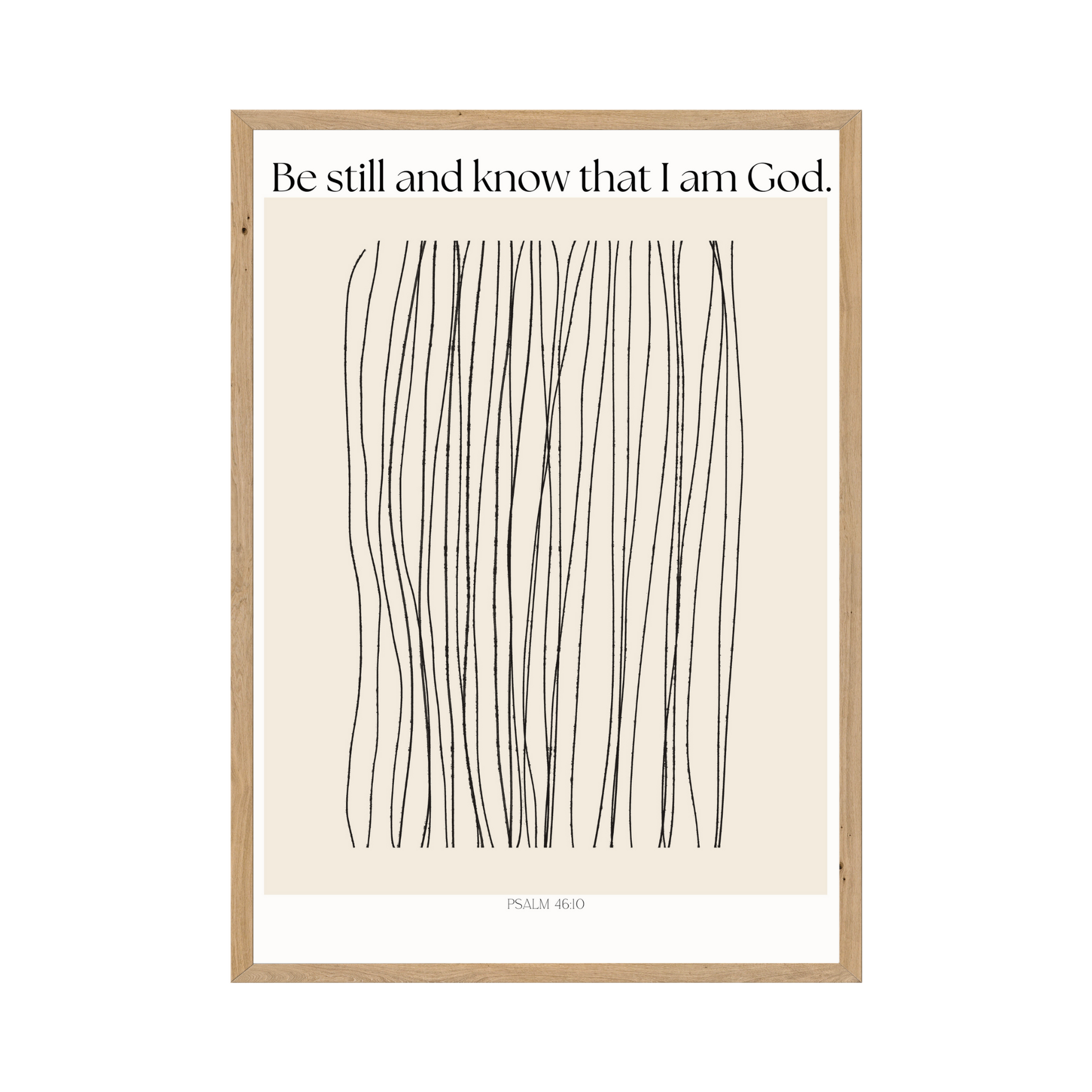 Minimalist abstract line drawing with the text of Psalm 46:10, offering a calm and meditative feel.