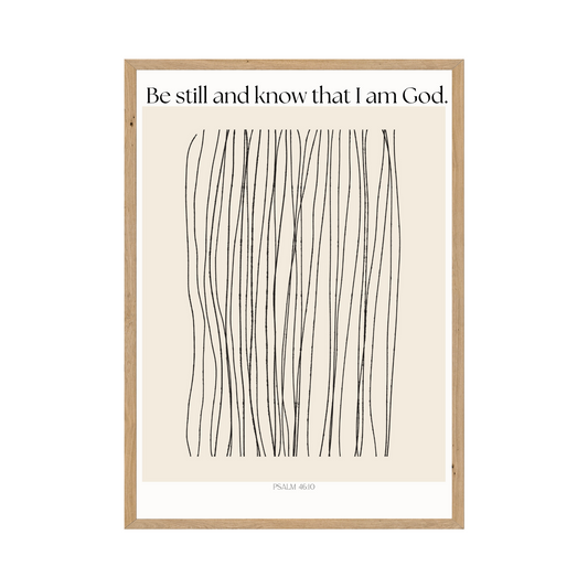 Minimalist abstract line drawing with the text of Psalm 46:10, offering a calm and meditative feel.