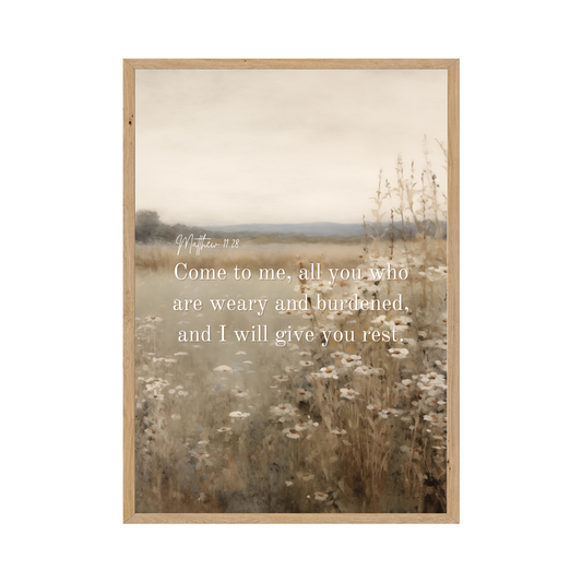 Serene landscape artwork with Matthew 11:28, offering a calming reminder of rest and faith in God's promises.