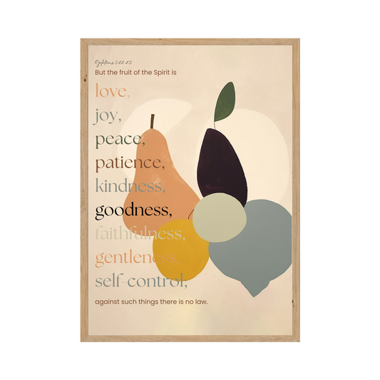 Colorful abstract fruit-inspired design with Galatians 5:22-23, featuring the fruits of the spirit: love, joy, peace, and more.