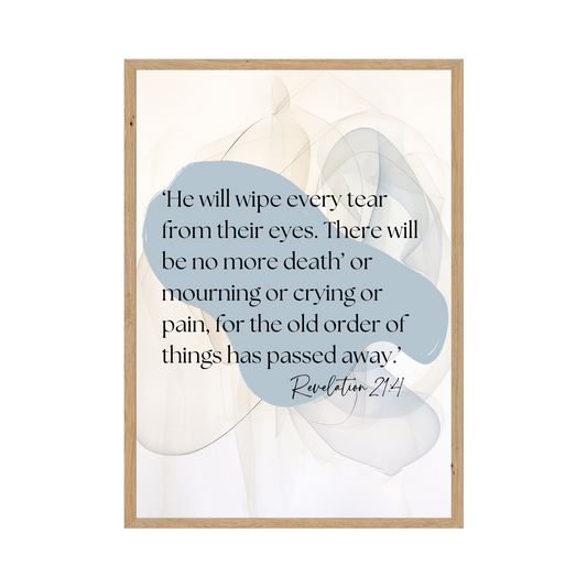 Modern abstract artwork with Revelation 21:4, reflecting on the promise of eternal life and a future without pain.