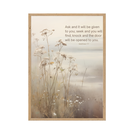 A tranquil nature scene paired with Matthew 7:7, offering encouragement to seek and find answers through faith.