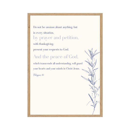 Philippians 4:6 - Peace through prayer with delicate floral illustration.