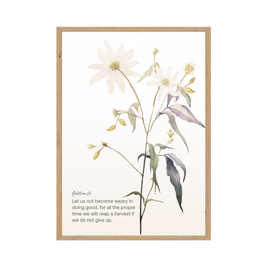 Galatians 6:9 - Let us not become weary in doing good. Soft floral design.