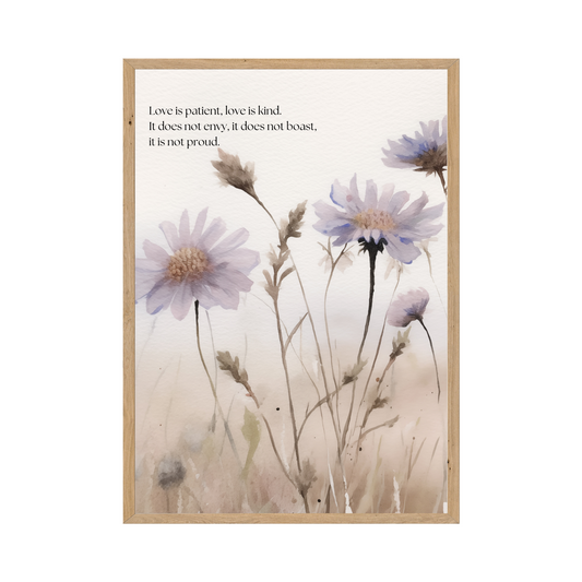 1 Corinthians 13:4 - Love is patient, love is kind. Soft floral watercolor design.